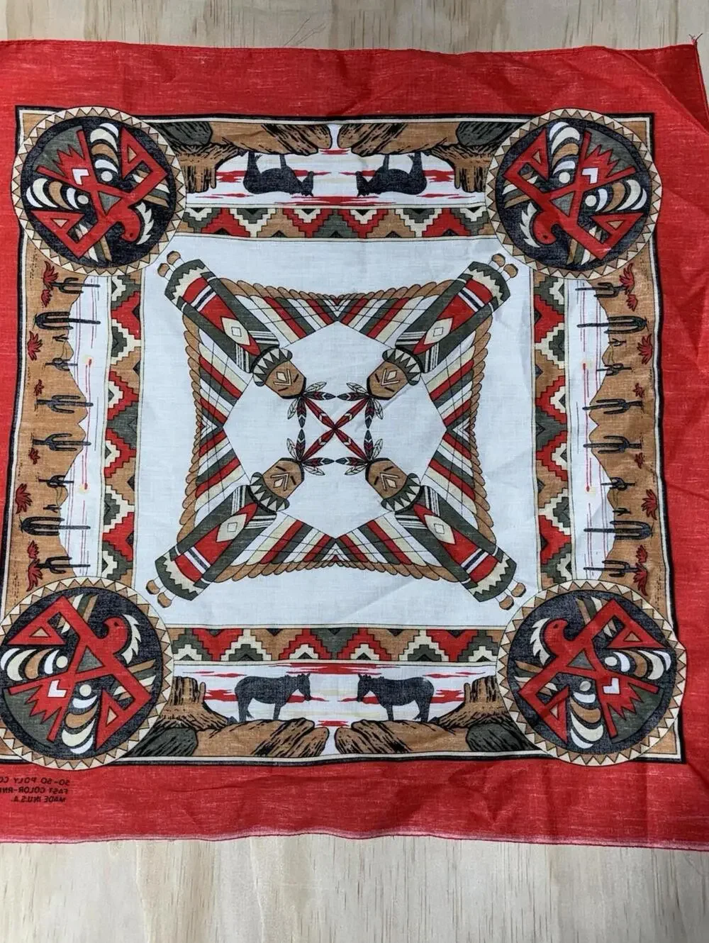 Vtg Antique SOUTHWESTERN SOUTHWEST AZTEC TOTEM POLE Horse Cotton Biker BANDANA